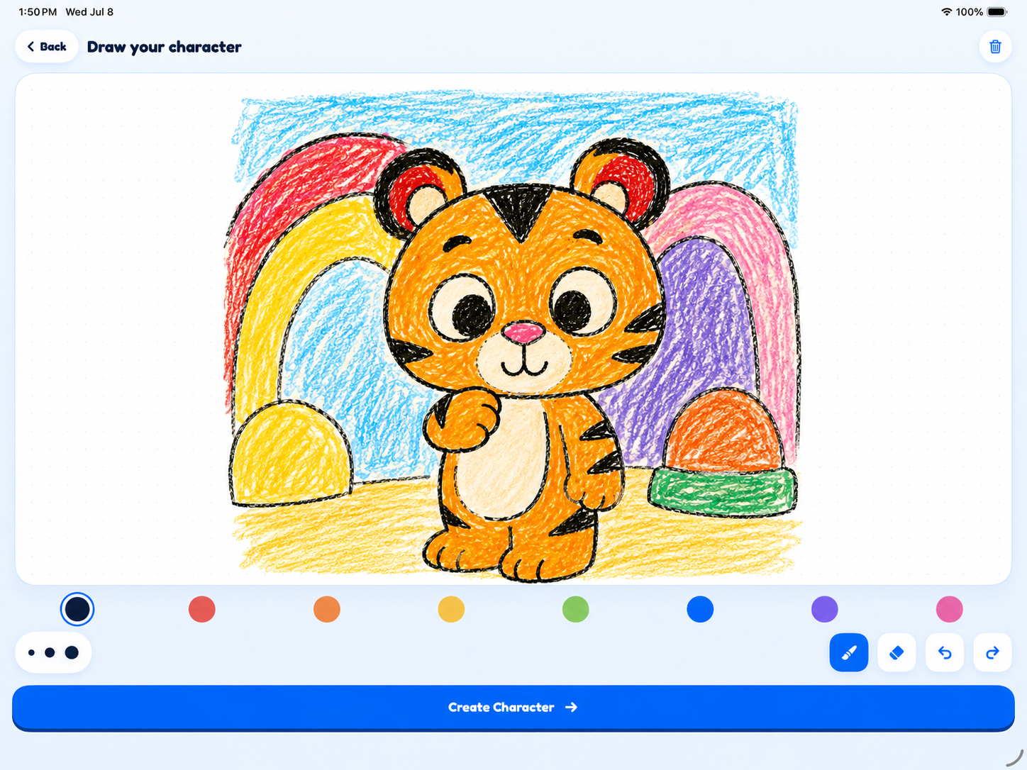 A child's crayon drawing of a tiger in the Pixley drawing screen