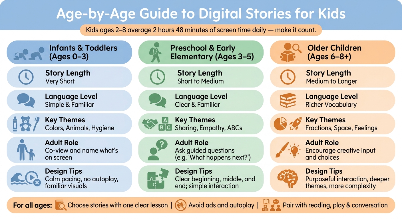 Age-by-age guide to digital stories for kids, comparing story length, language level, key themes, and adult role across infants, preschoolers, and older children