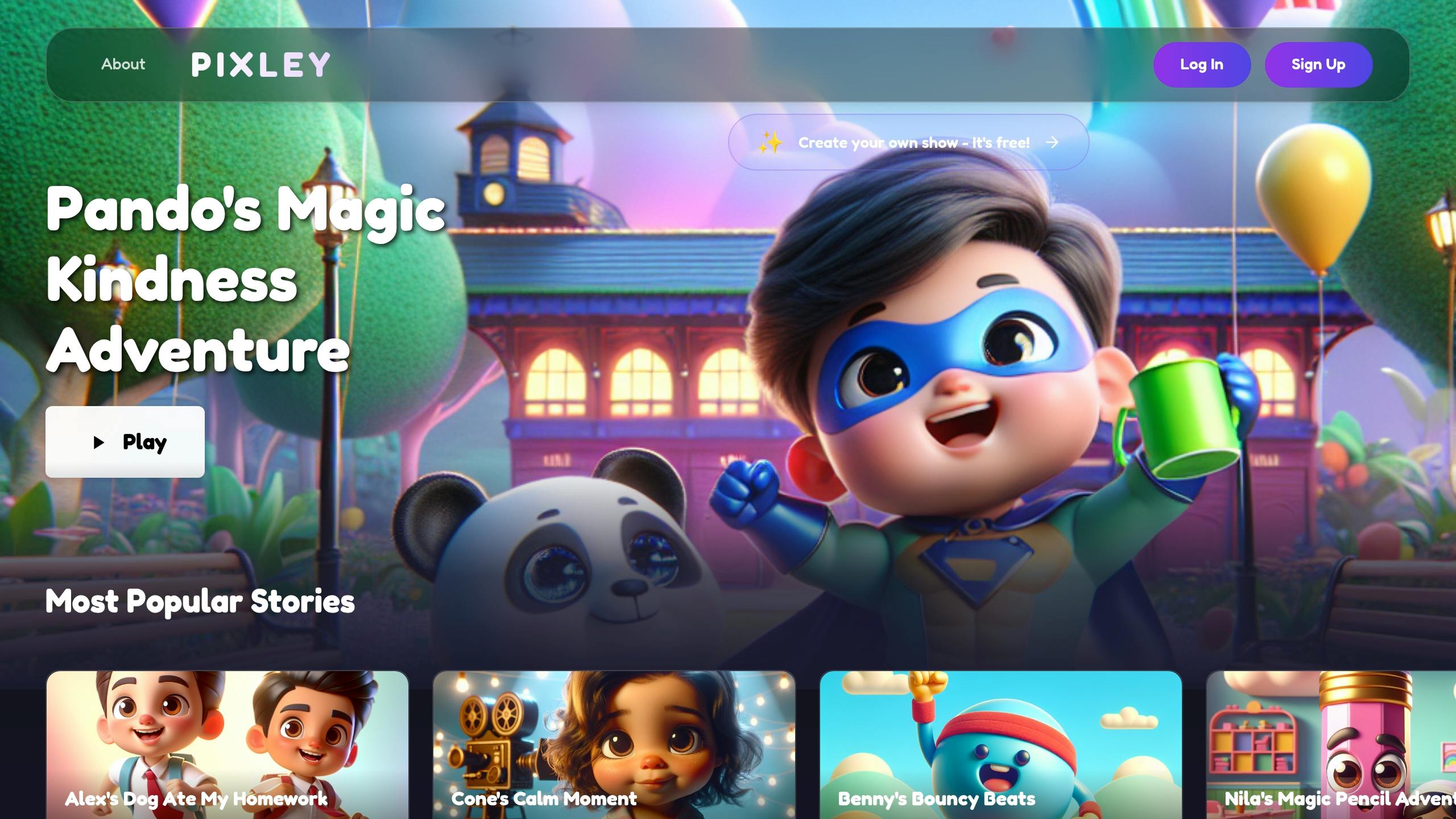 Pixley animated bedtime story example showing a child superhero and panda character