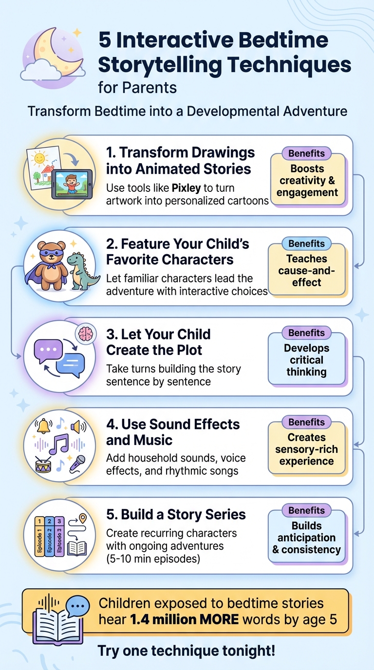 Infographic showing 5 interactive bedtime storytelling techniques for parents