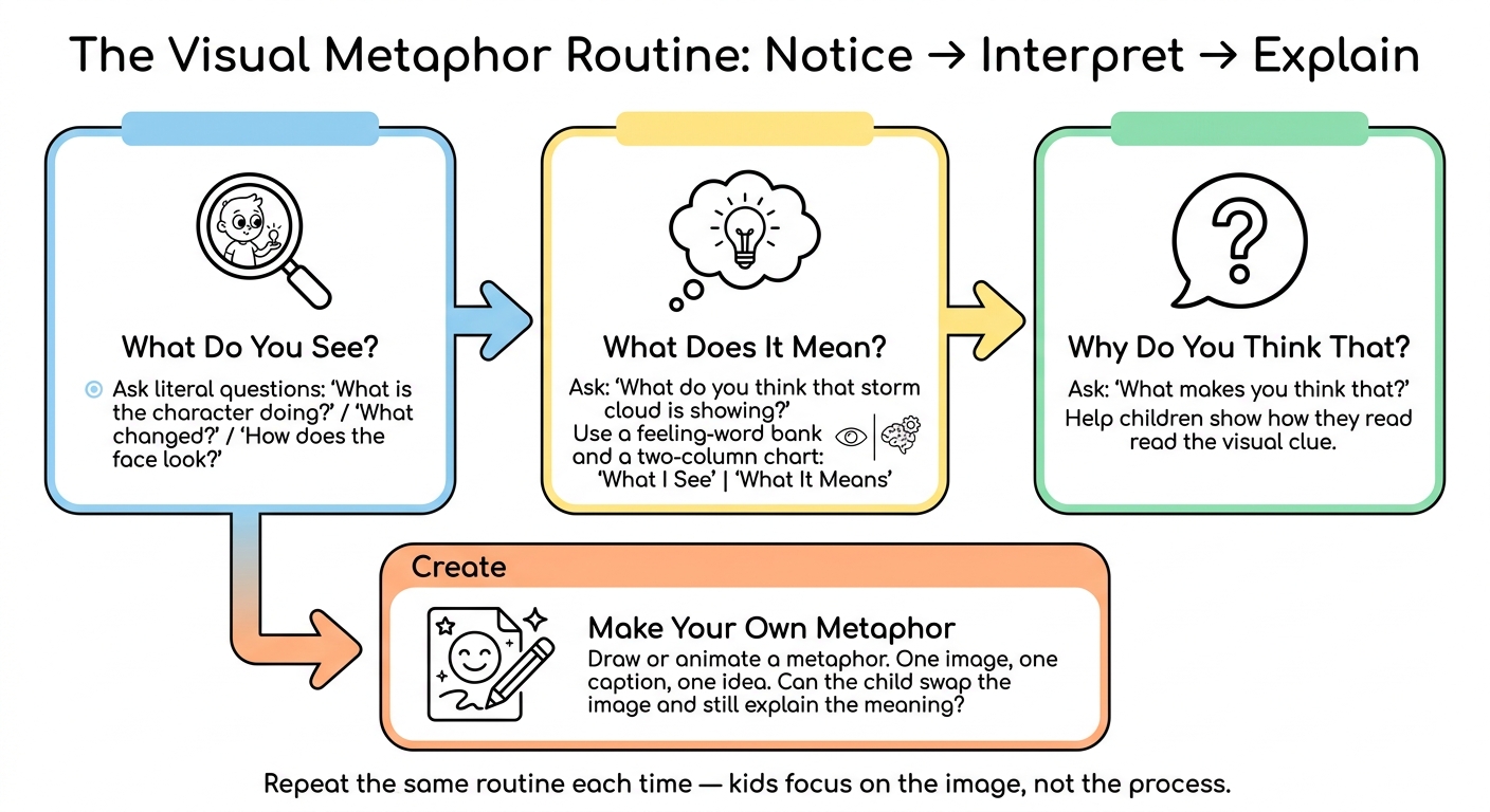 The visual metaphor routine for kids: notice what you see, interpret what it means, explain why you think that, then create your own metaphor